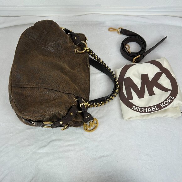 Michael Kors Tristan Mocha Satchel/Crossbody Suede Leather Snakeskin Gold Plated - Picture 7 of 16